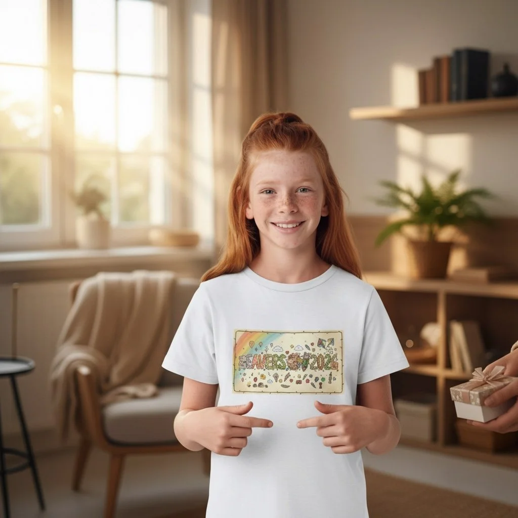 White t‑shirt with colourful “Leavers 2026” rainbow doodle design featuring a friendly character, stars, clouds, and playful icons.