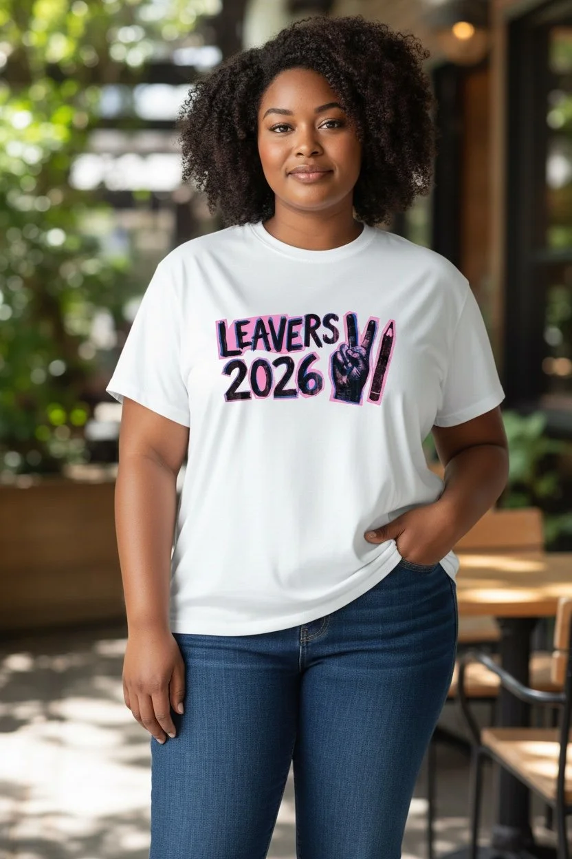 White T‑shirt with bold ‘Leavers 2026’ text and pink‑outlined peace‑sign graphic printed on the front.
