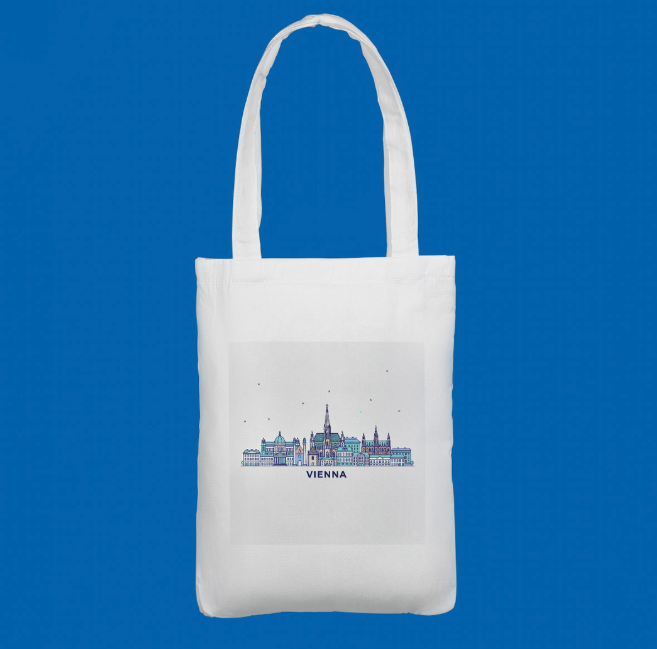 A premium white tote bag printed with a colourful skyline of Vienna’s iconic architecture. A perfect gift for Austria lovers.