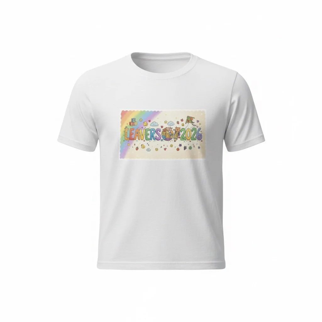White t‑shirt with colourful “Leavers 2026” rainbow doodle design featuring stars, hearts, clouds, and playful icons.