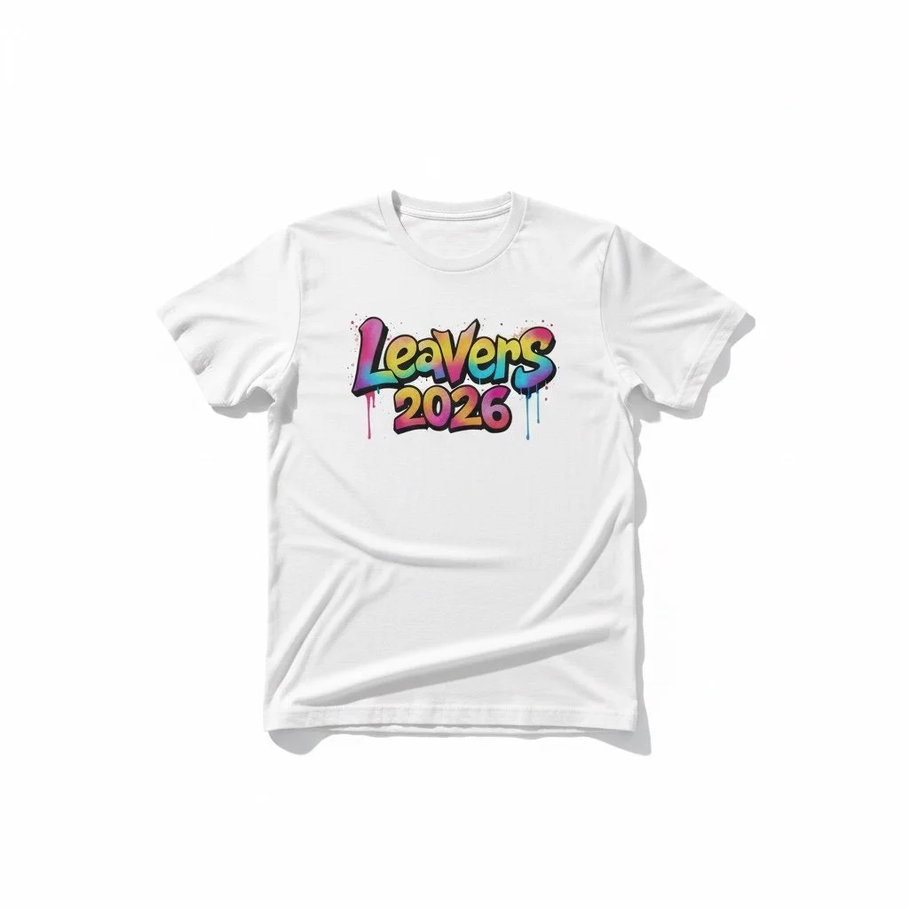 “White T‑shirt with colourful graffiti‑style ‘Leavers 2026’ text featuring dripping paint and splatter details.”