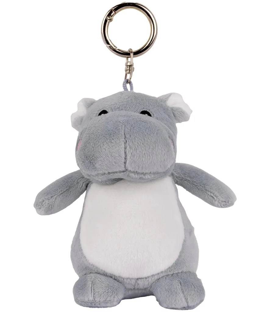 Grey hippo plush keychain with white belly, embroidered eyes and metal key ring, ideal for bags or keys.