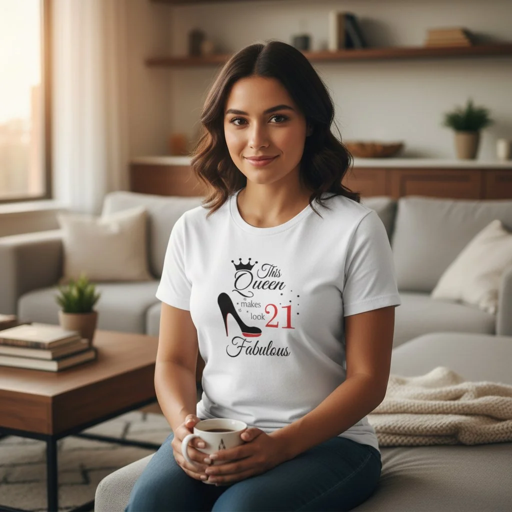 21st Birthday T-Shirt for Women | Bold “Queen Turns 21” Heel & Crown Design