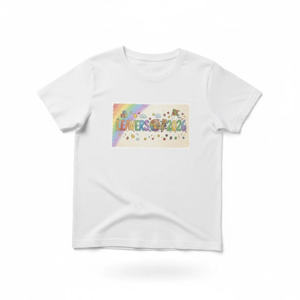 White t‑shirt with colourful “Leavers 2026” rainbow doodle design featuring stars, hearts, clouds, and playful icons.