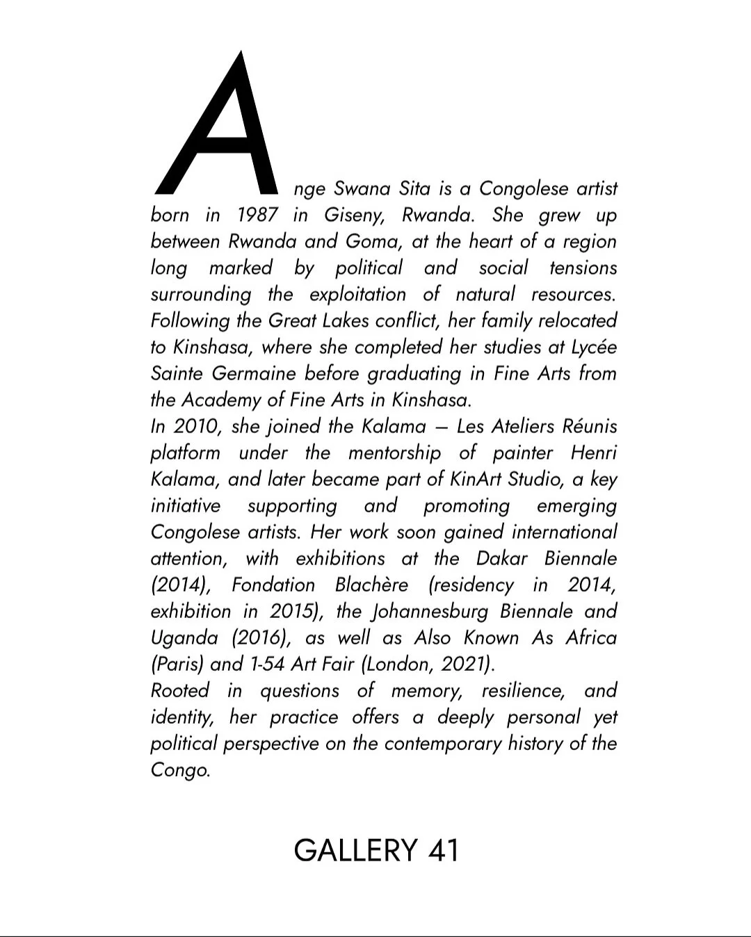 Page de biographie présentant une artiste congolaise née en 1987 à Giseny, Rwanda, avec son parcours artistique et ses expositions