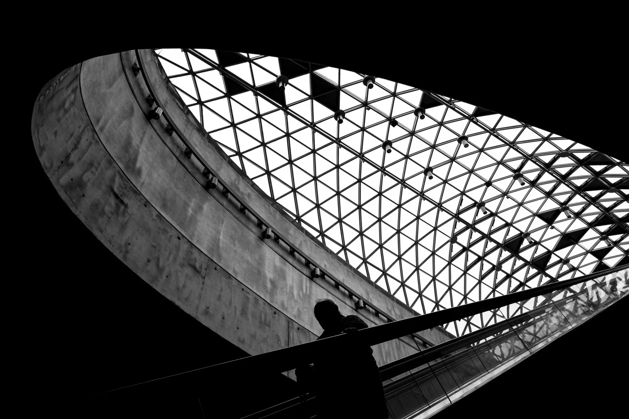 Ein Mensch steht auf einer Rolltreppe in einem modernen Gebäude mit einer großen Glasdecke im Design eines geometrischen Gitters. Das Bild ist schwarz-weiß.