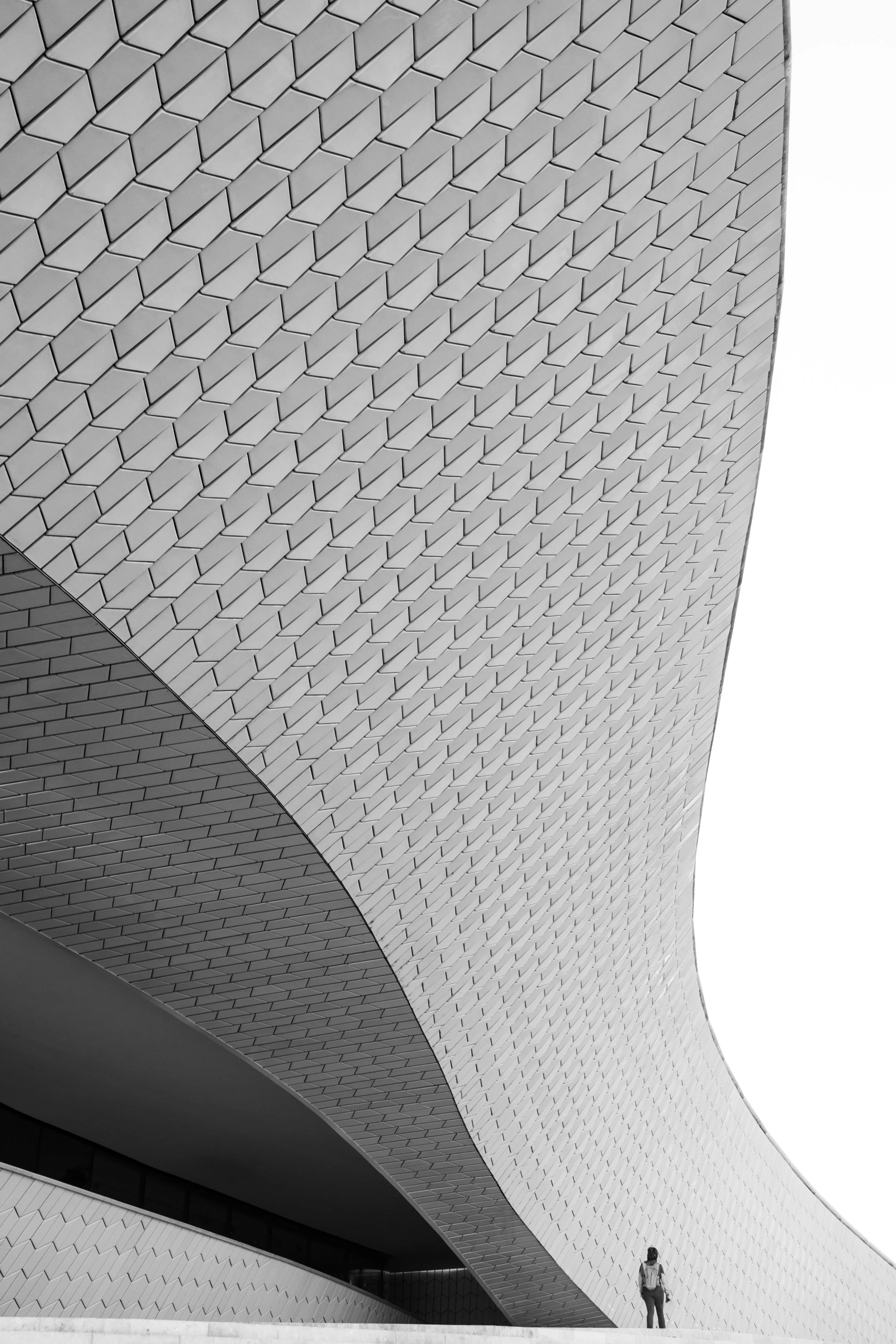 Ein Mensch steht vor einer großen, modernen, gewölbten Architektur mit einer weißen, bruchstückhaften Fassade.