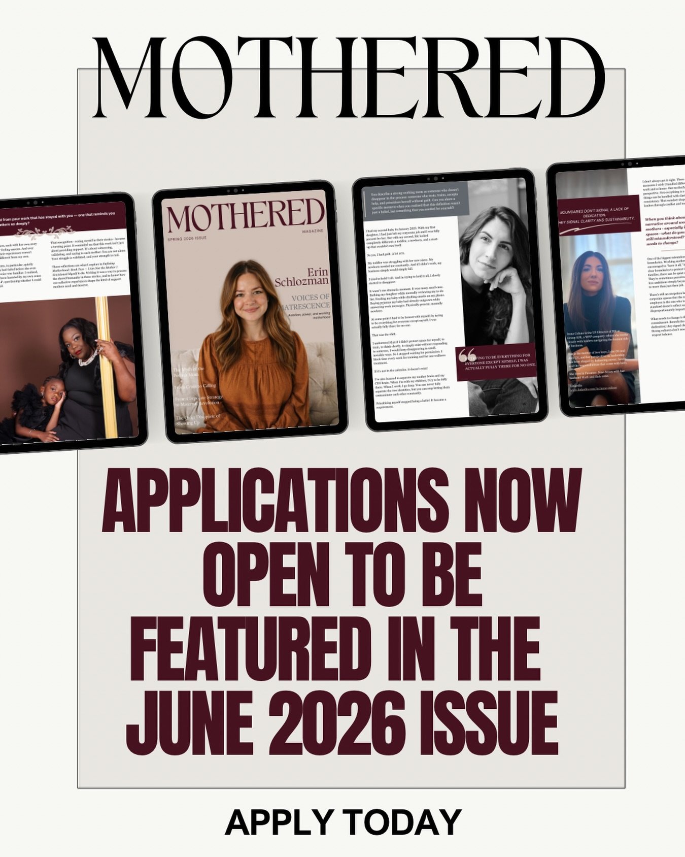 Calling all working moms! Whether you&rsquo;re an entrepreneur building a business or a corporate baddie, we want to feature you in our next June issue of Mothered magazine! 

Comment &ldquo;mother&rdquo; below and we&rsquo;ll send you the details! 
