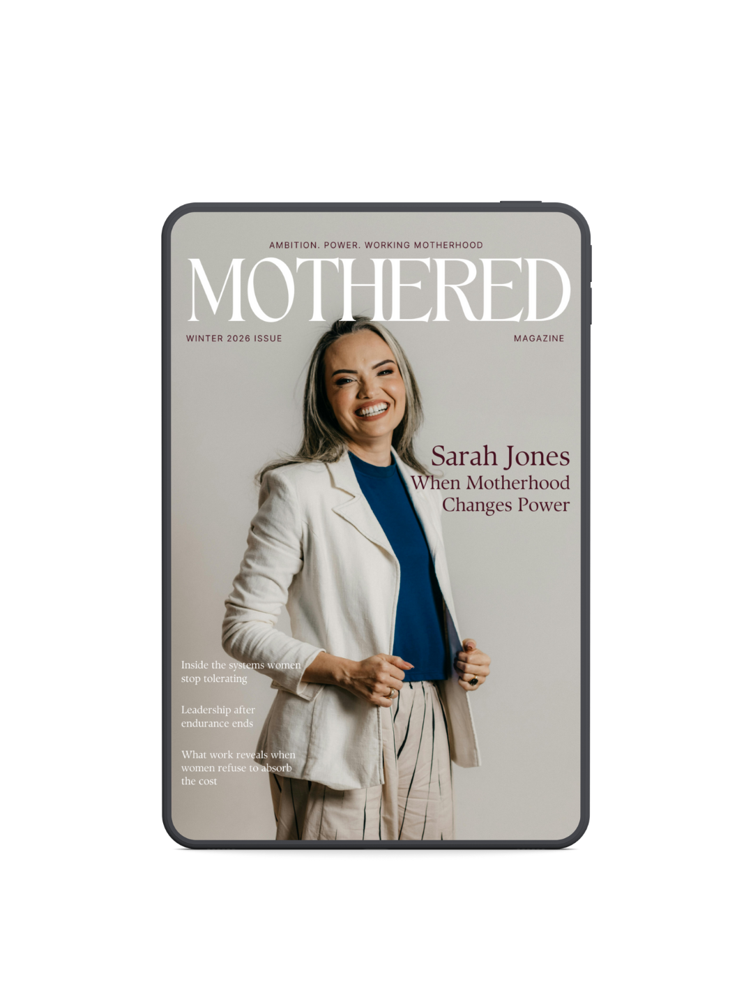 Cover of Mothered magazine featuring Sarah Jones smiling, wearing a white blazer and striped pants, with headlines about motherhood and women in leadership.