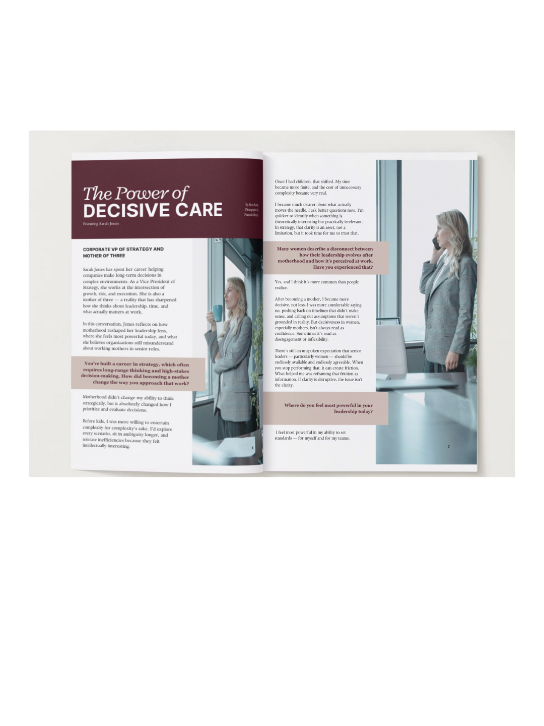 Open magazine spread featuring an article titled 'The Power of Decisive Care' with a woman talking on a mobile phone in a modern office setting, and another woman with blonde hair looking out a window, holding a mug.