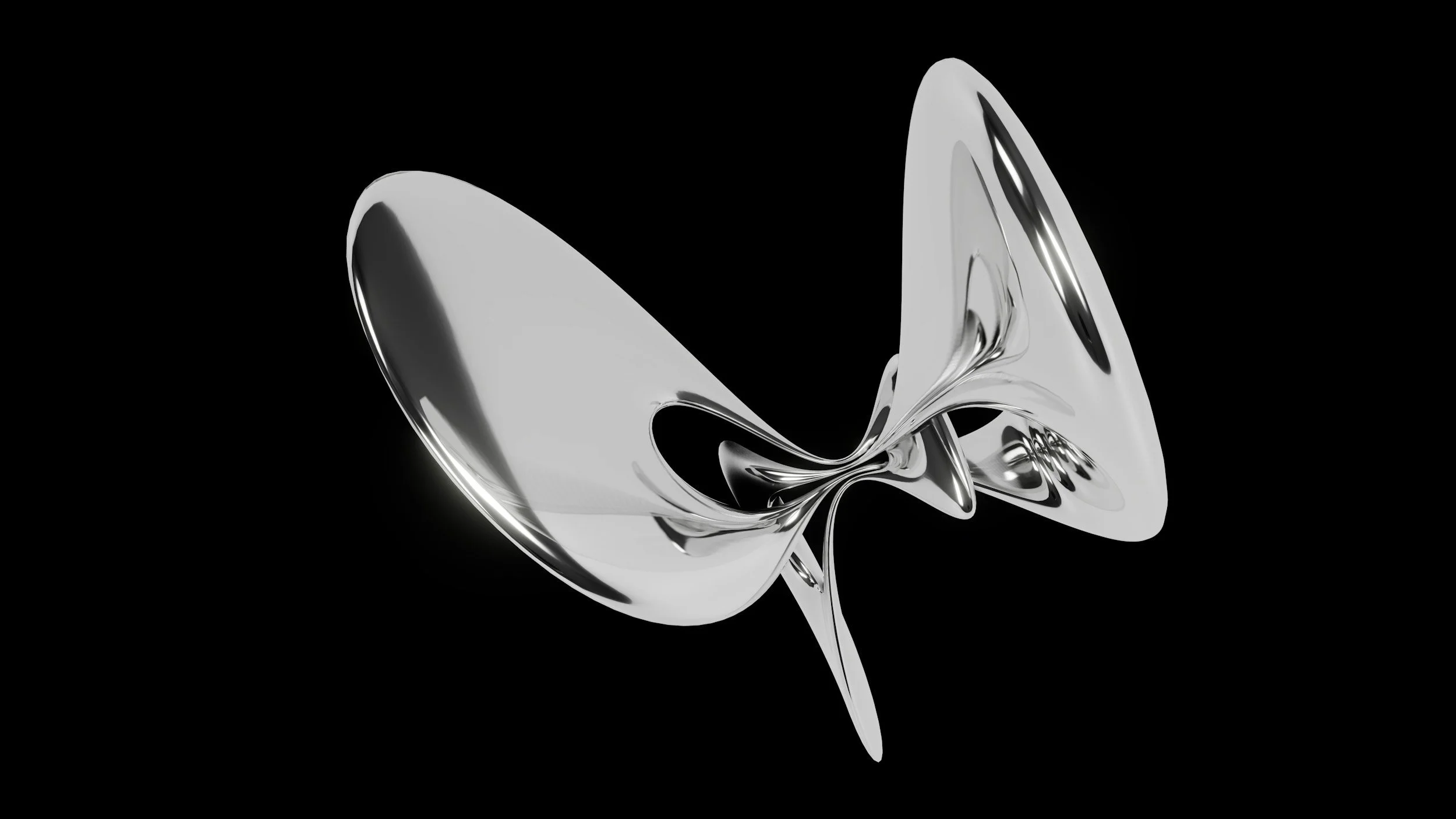 A shiny metallic butterfly sculpture with sleek, reflective surfaces against a black background.