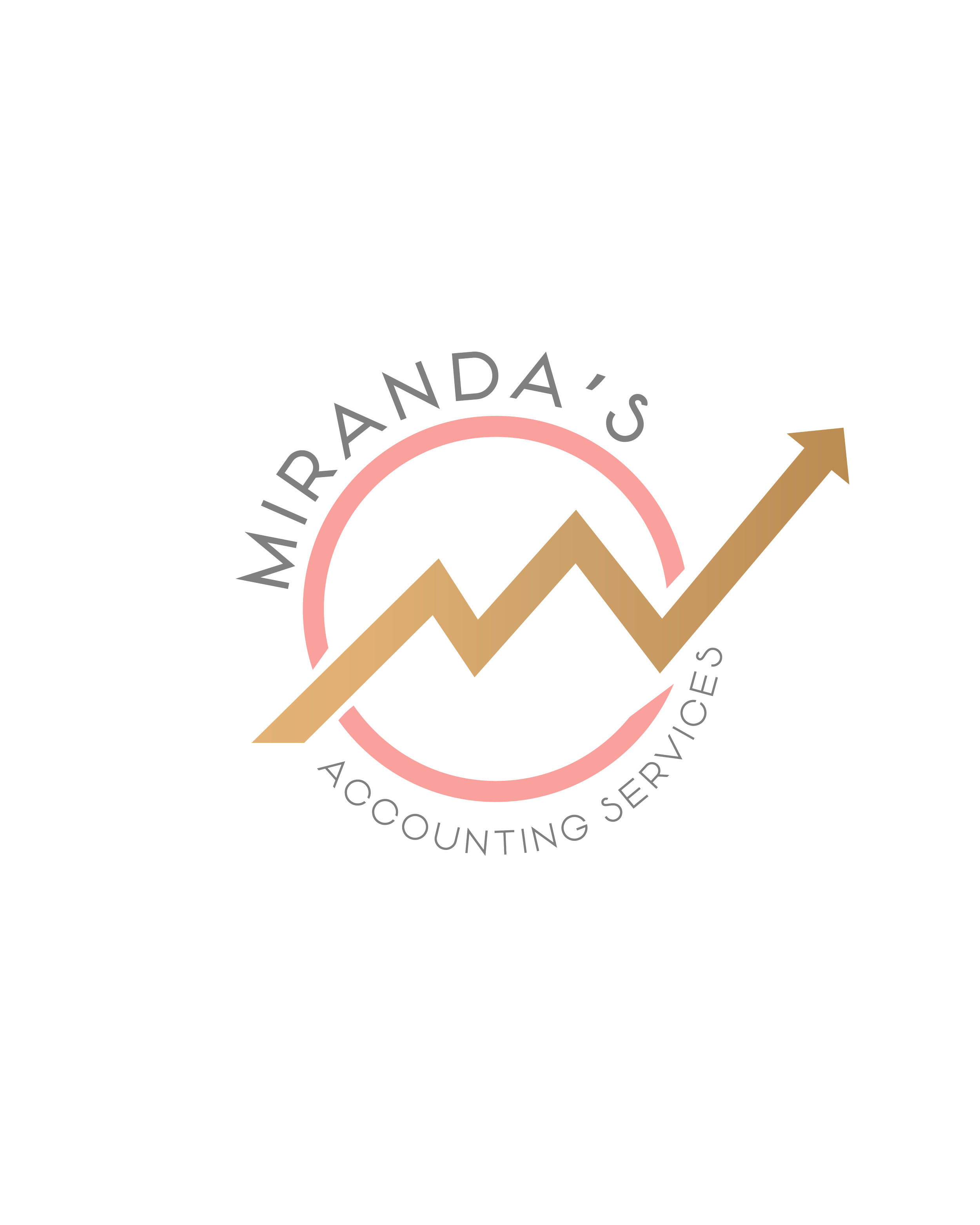 Logo for Miranda's Accounting Services featuring a stylized upward-trending line graph with an arrow, surrounded by a pink circle and the company name.