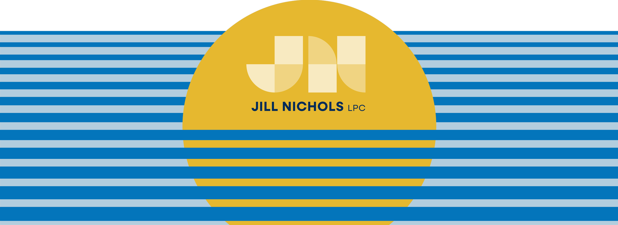 The image features a large logo of Jill Nichols LPC on a yellow semi-circle background with horizontal blue and light blue stripes behind it.