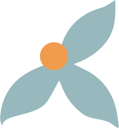 A stylized graphic of a flower with a yellow-orange circular center and three large light blue petals.