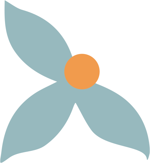 Stylized graphic of a flower with three blue petals and an orange center.