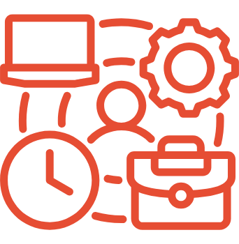 Symbolbild für Arbeit, Zeitmanagement und Beruf, mit Laptop, Uhr, Personensymbol, Zahnrad und Aktenkoffer in roter Linie auf schwarzem Hintergrund.