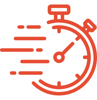 Rot-weißes Icon einer laufenden Stoppuhr, symbolisiert Geschwindigkeit und Zeit.
