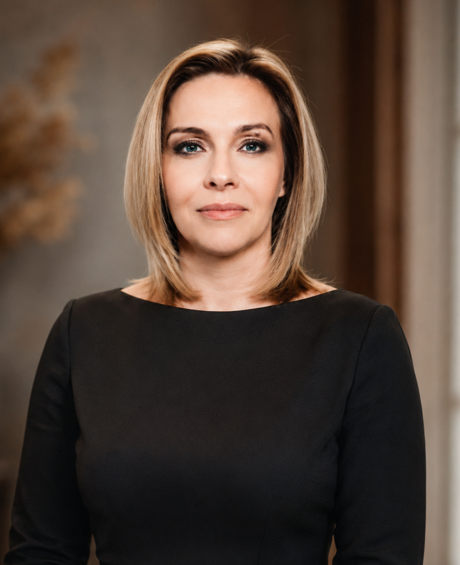 Nahaufnahme einer Frau mit blondem, schulterlangem Haar, schwarzem Oberteil und dezentem Make-up, vor einem neutralen Hintergrund.
