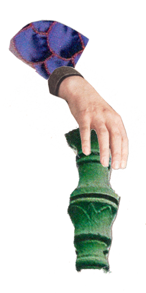 Een collage van Hannelore Dreher met een hand die iets groen vasthoudt