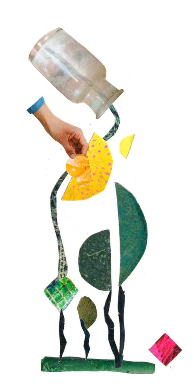 Een collage van Hannelore Dreher met verschillende texturen en kleuren, bestaande uit geometrische vormen en materialen.