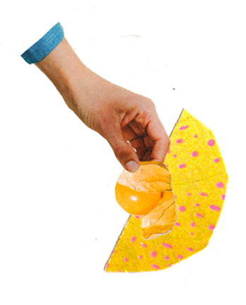 Collage van Hannelore Dreher met een hand die een soort geel papieren paraplu vasthoudt