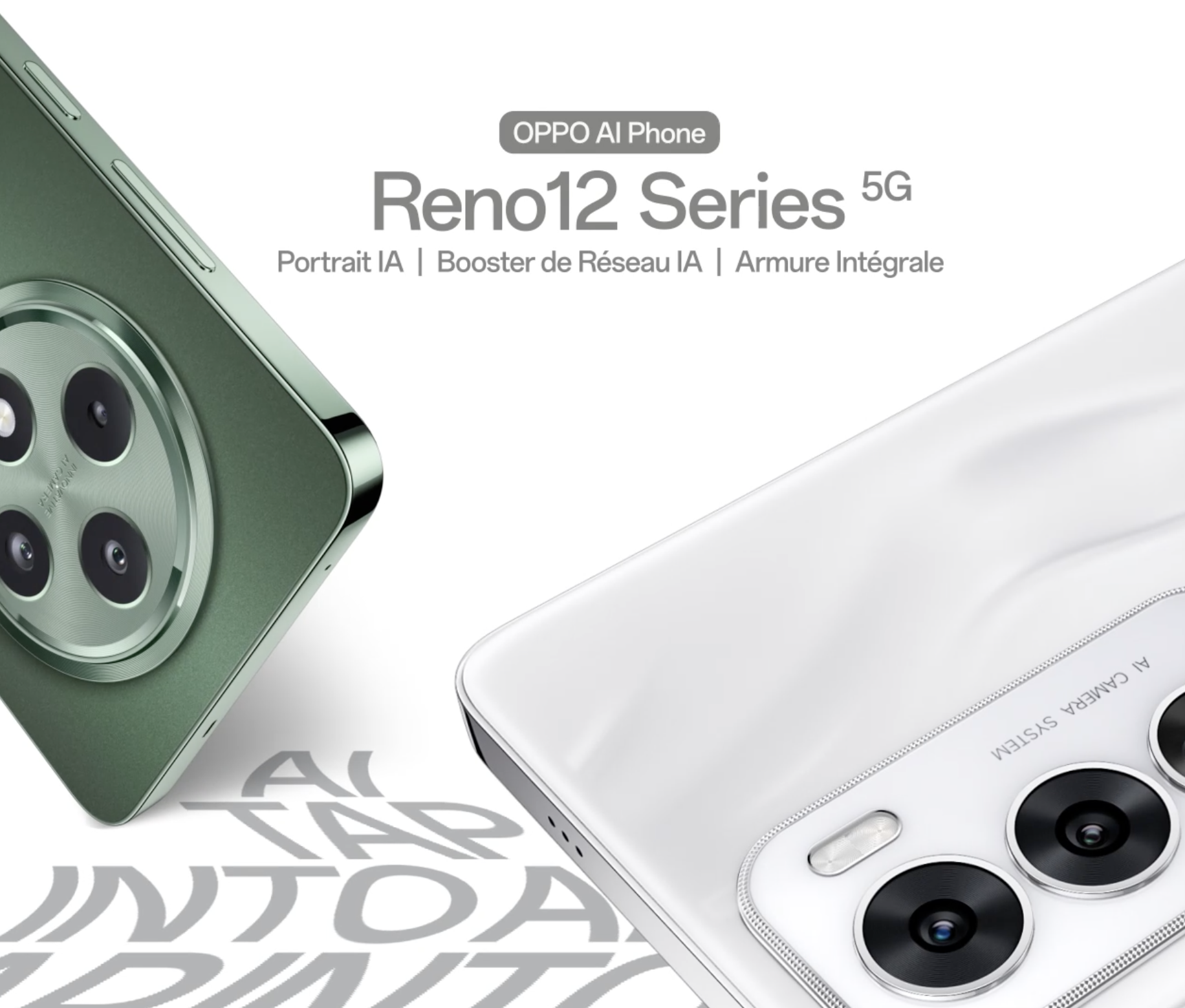 Advertisement for OPPO Reno12 Series 5G smartphones featuring a green phone with four cameras and a white phone with three cameras, with descriptive text in French highlighting features like AI Portrait, AI Network Booster, and Full Armor Frame.