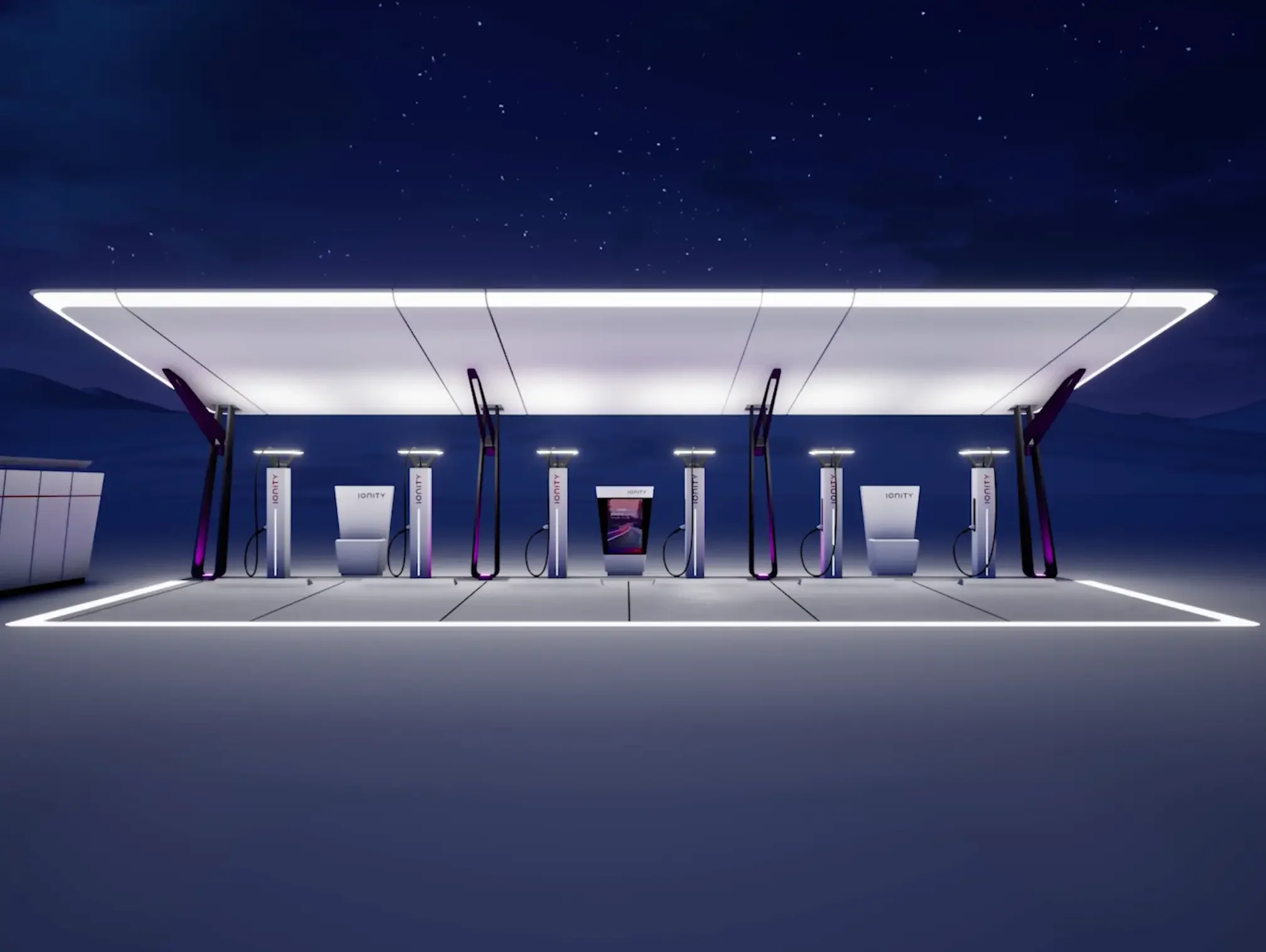 High-End 3D Product Visualisation für den IONITY EV Charger Design Launch Film: Ein fotorealistisches CGI-Rendering der minimalistischen Elektroauto-Ladestation mit LED-Lichtring von Blackship Studios.