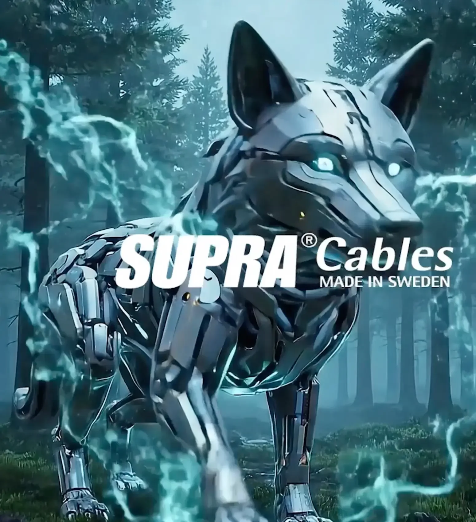 Futuristisches AI Character Design für SUPRA Cables von Blackship Studios: Ein mechanischer, silberner Cyber-Wolf mit leuchtend blauen Augen inmitten von elektrischen Blitzen als Beispiel für High-End CGI Rendering.