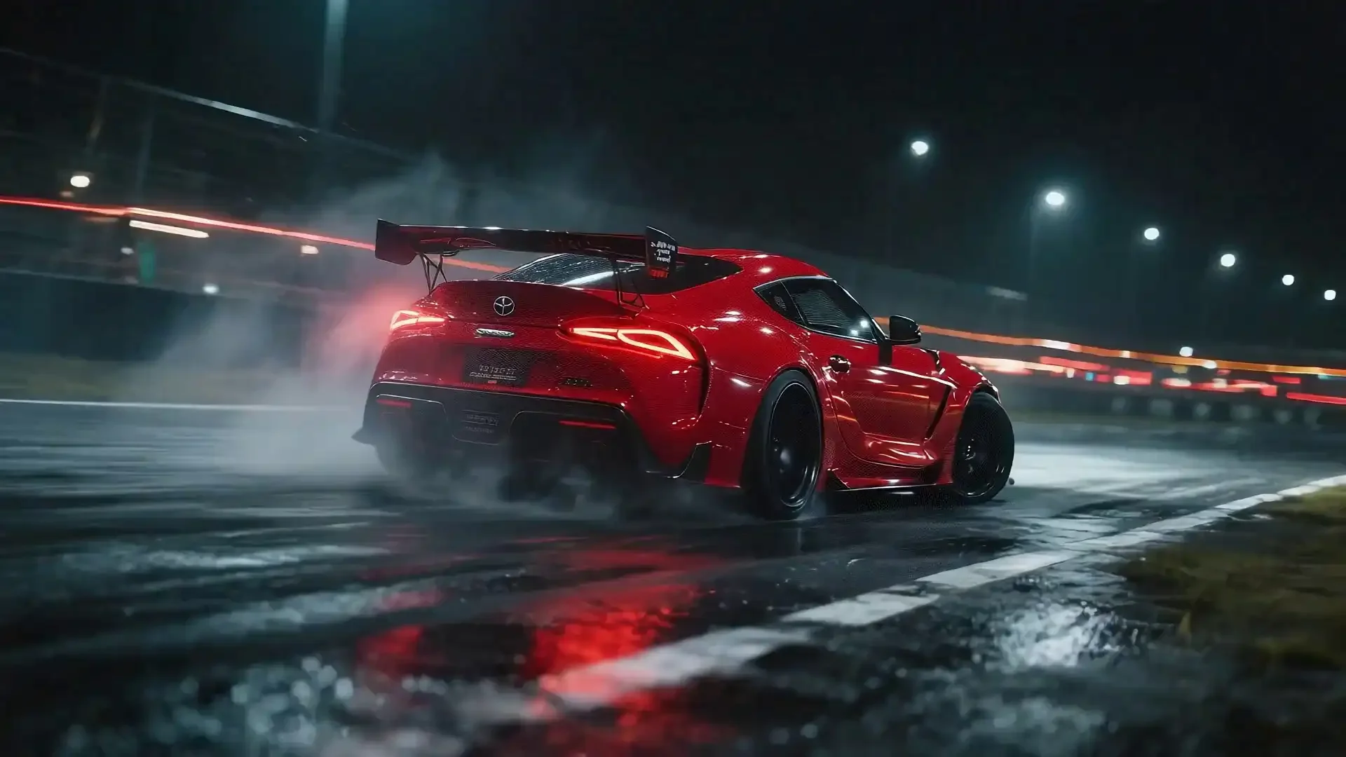 Automotive CGI-Rendering: Fotorealistische Nachtaufnahme eines roten Toyota Supra mit beleuchtetem Heckflügel und dynamischen Lichtspuren auf nassem Asphalt.