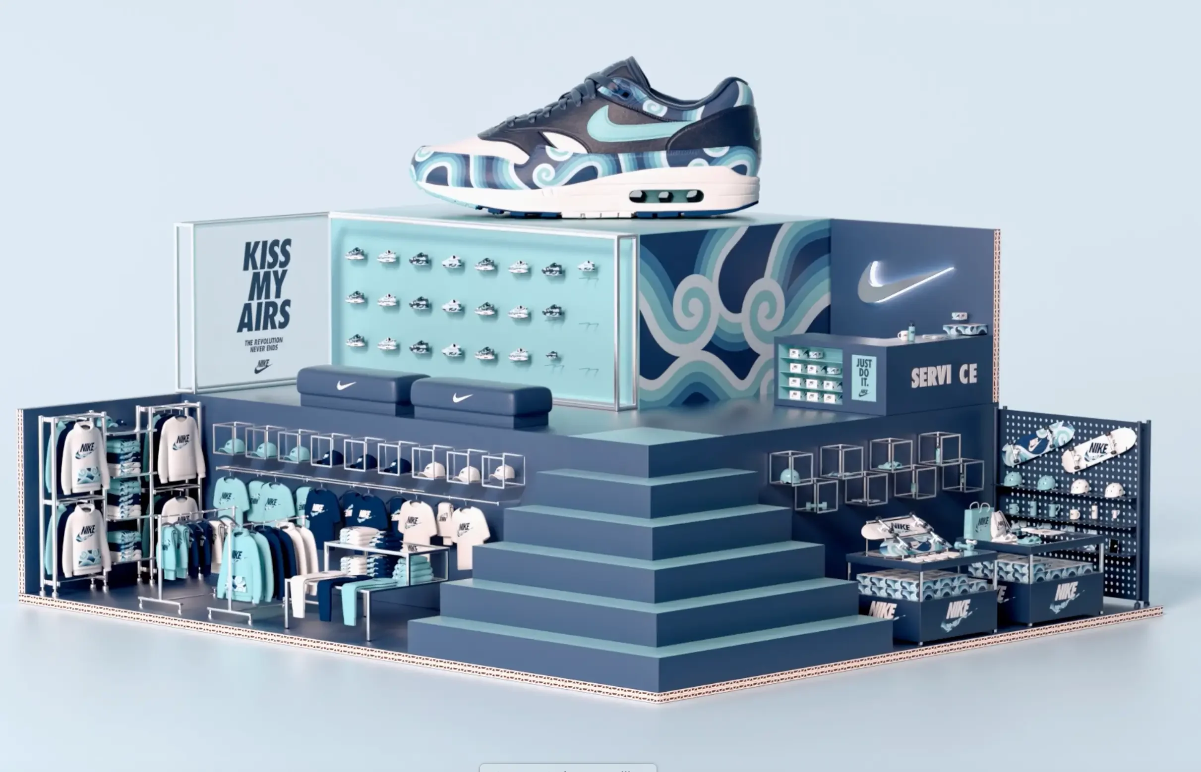 Retail Design und 3D-Konzept: Isometrisches Rendering eines blauen Nike Pop-up-Stores "Kiss My Airs" mit einem überdimensionalen Sneaker.