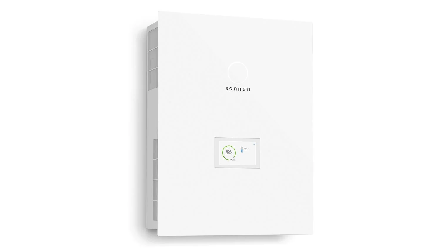 A white Sonnen solar battery with an integrated digital display showing 86% capacity.