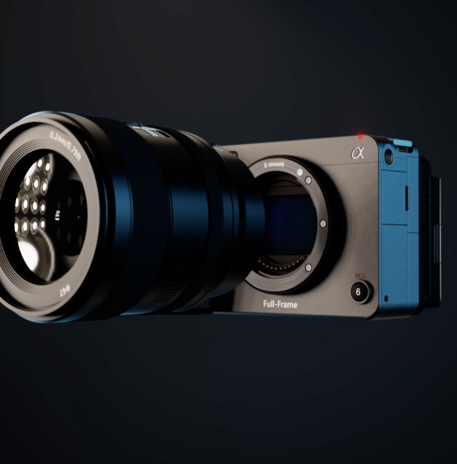 Close-up of a mirrorless Sony FX3 camera with a large attached lens, visible camera brand, setting labels, and black background.