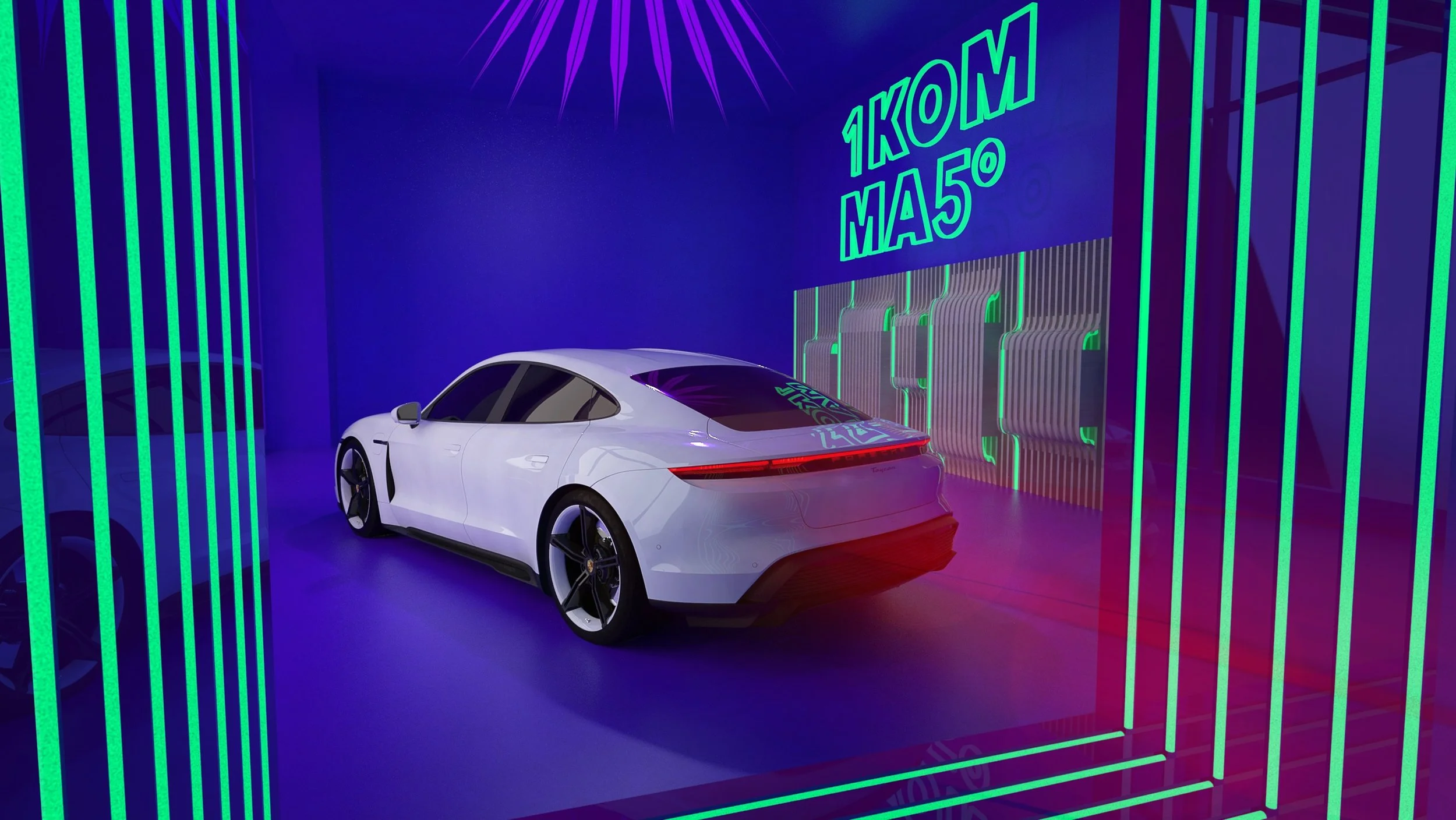 A white Porsche sports car displayed in a futuristic showroom with neon green and purple lighting, and neon signs reading '1KOMMA5'.