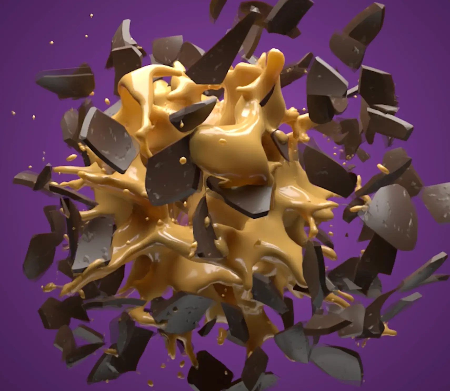 Dynamische Lindt Schokolade 3D Animation: Eine fotorealistische CGI Fluid Simulation einer cremigen Karamell-Explosion mit splitternden Schokoladenstücken für Food Commercials von Blackship Studios.