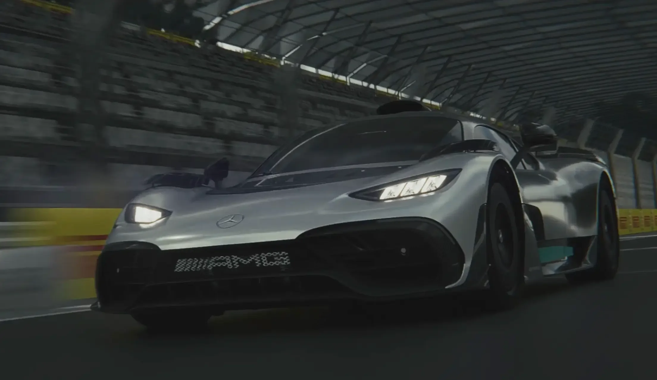 Dynamisches CGI-Rendering des Mercedes-AMG One Hypercars auf der Rennstrecke: Ein spektakuläres Beispiel für High-End Automotive Commercial Design und virtuelle Filmproduktion von Blackship Studios.