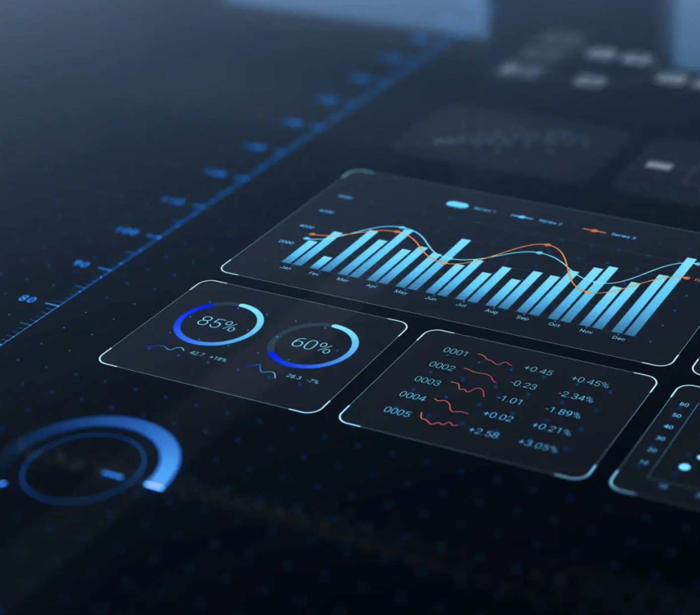 Digital data analytics dashboard displaying line and bar graphs, circular charts, and numerical data on a dark background.