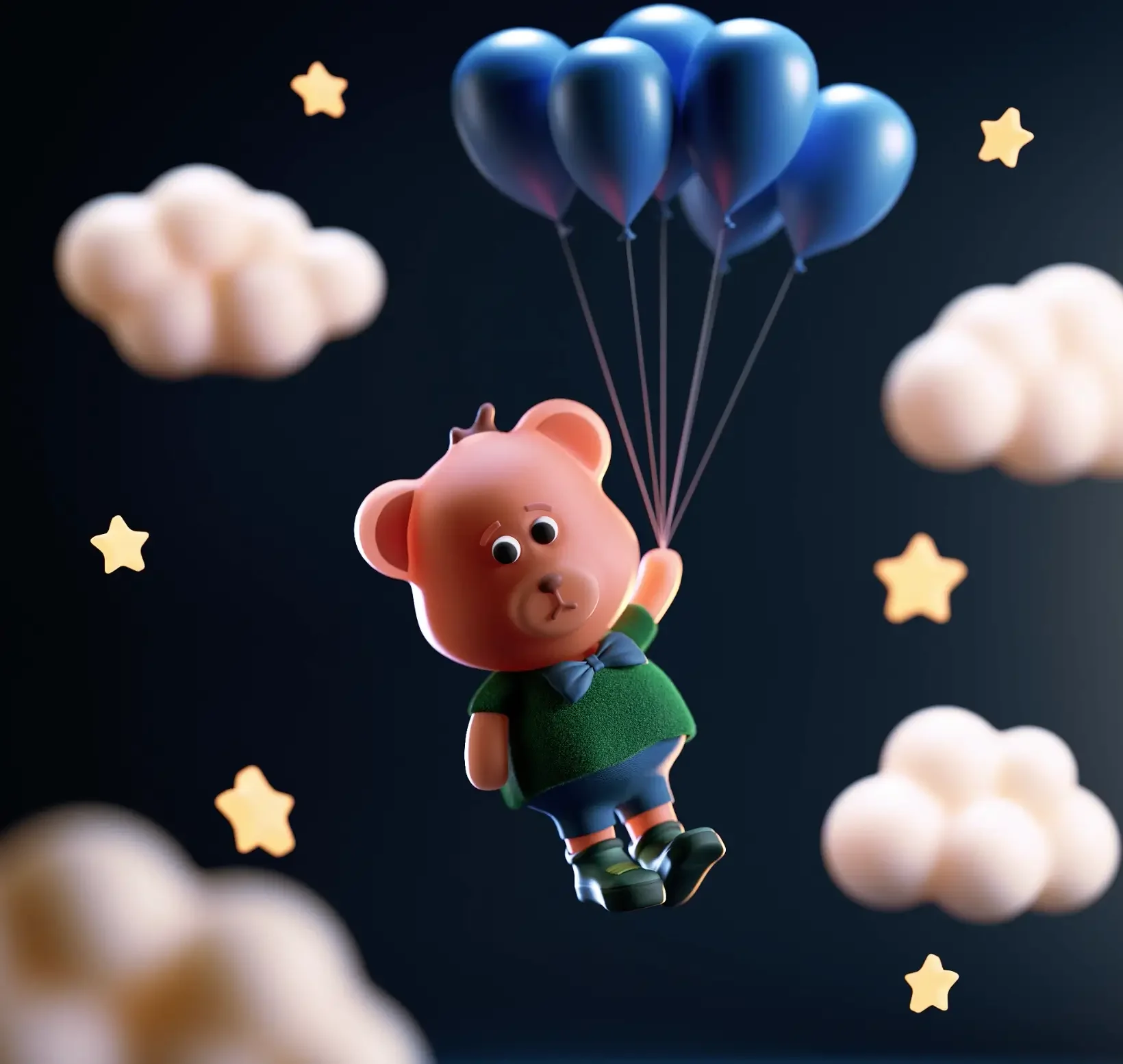 3D Character Design und Animation München: Ein stilisierter CGI-Bär, der mit blauen Luftballons durch einen Nachthimmel fliegt, von Blackship Studios.