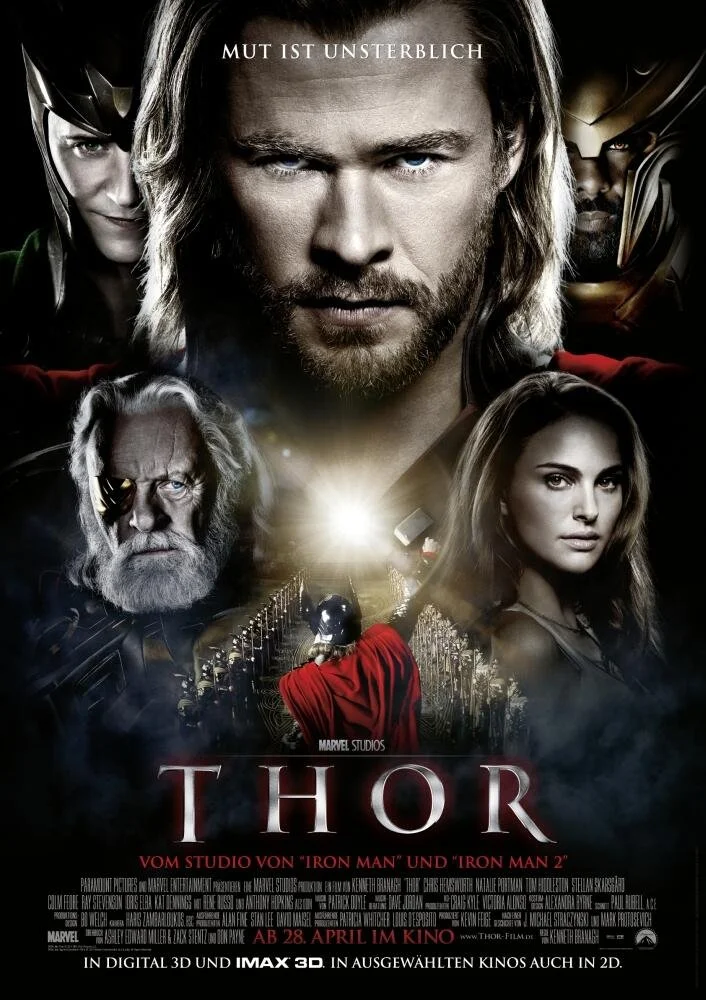 Promotional poster for Marvel's Thor featuring Thor with long hair and beard, surrounded by female and male characters, including an older man with a robotic eye, and an armored figure with a helmet, with the text in German and English.