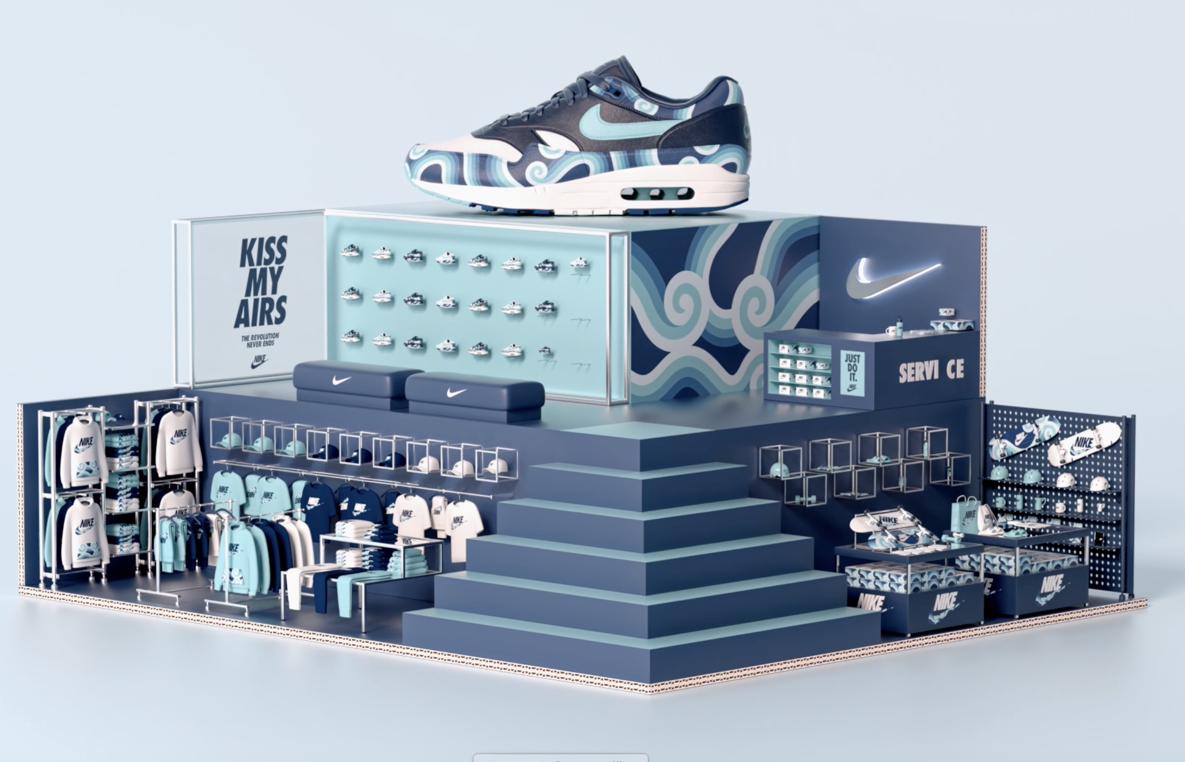 Nike retail display with blue and white sneakers on top, clothing, accessories, and signage featuring Nike branding and slogans.