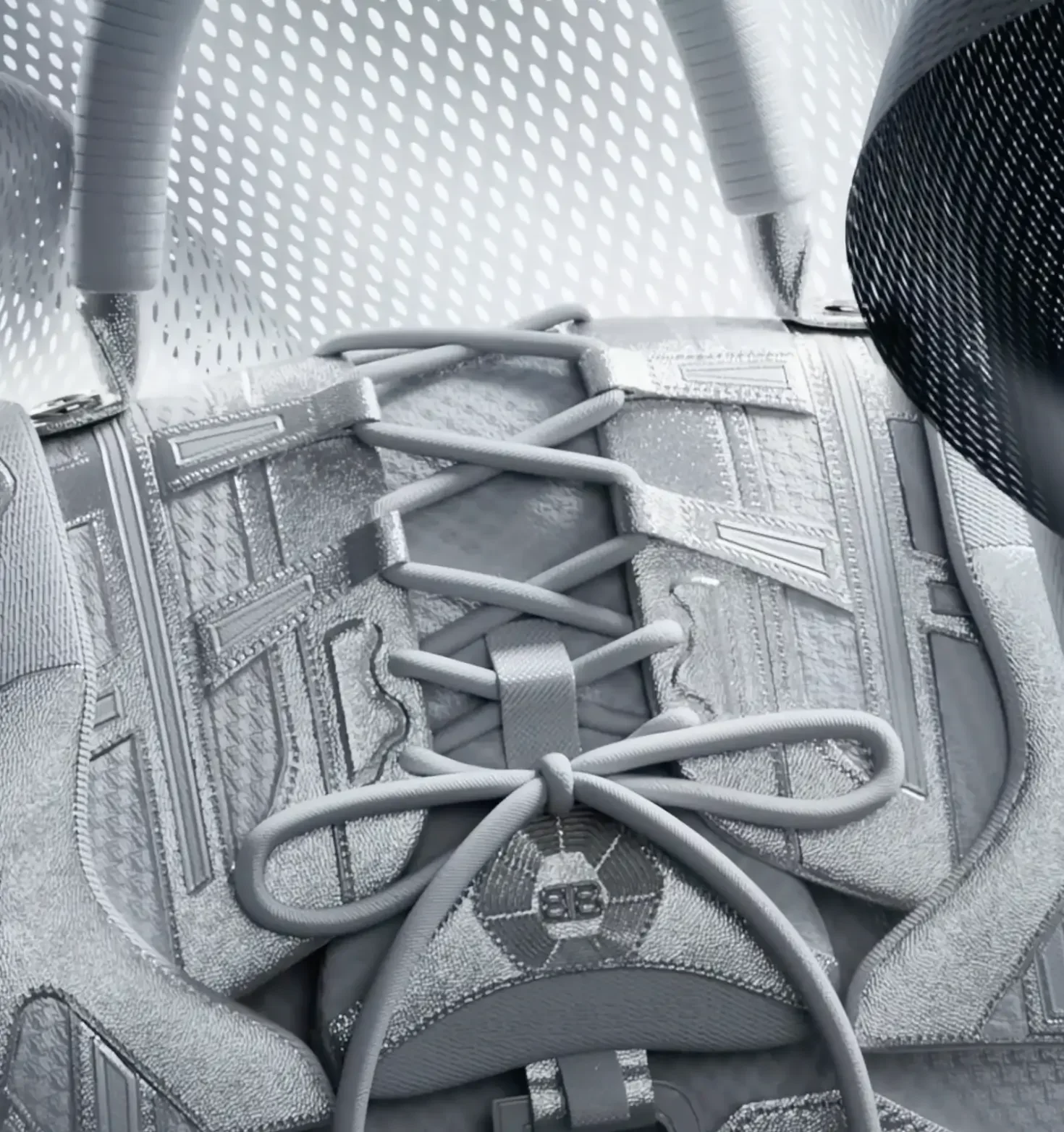 Balenciaga Prototype Concept: Eine detailreiche 3D-Fashion-Design-Nahaufnahme eines stilisierten CGI-Sneakers mit komplexen Gewebe-Texturen und präzisem BB-Logo von Blackship Studios.