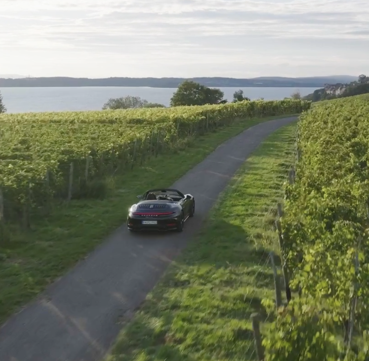 A black convertible sports car driving on a narrow country road through a vineyard with green grapevines, overlooking a body of water under a cloudy sky.