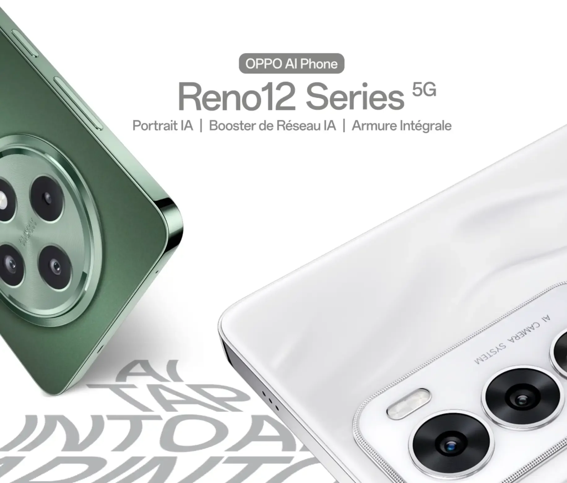 Werbe-Rendering für Consumer Electronics: CGI-Kampagnenmotiv der OPPO Reno12 Series 5G Smartphones in Weiß und Grün.