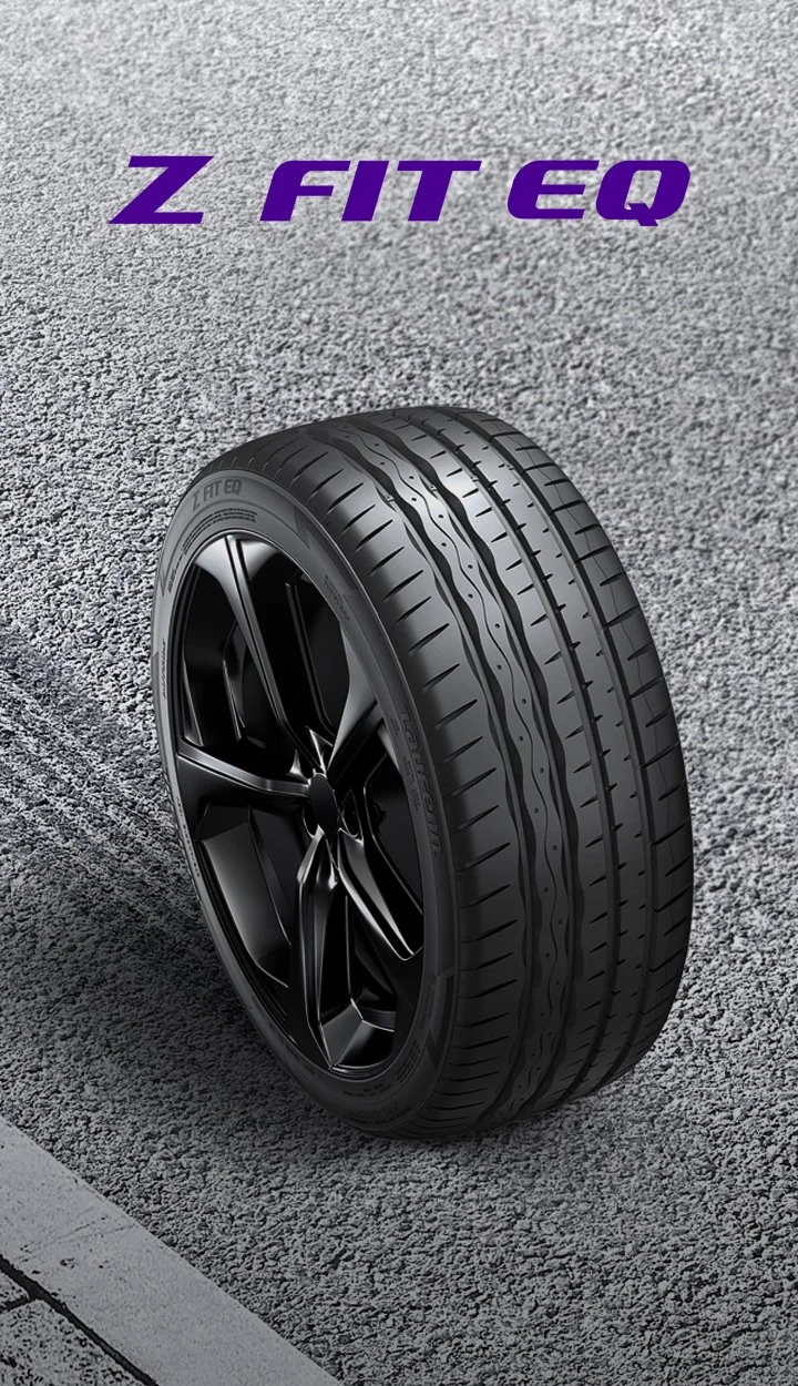 A black car tire with a black alloy wheel on a gray asphalt road with a white curb. Purple text reads 'Z FIT EQ' at the top.