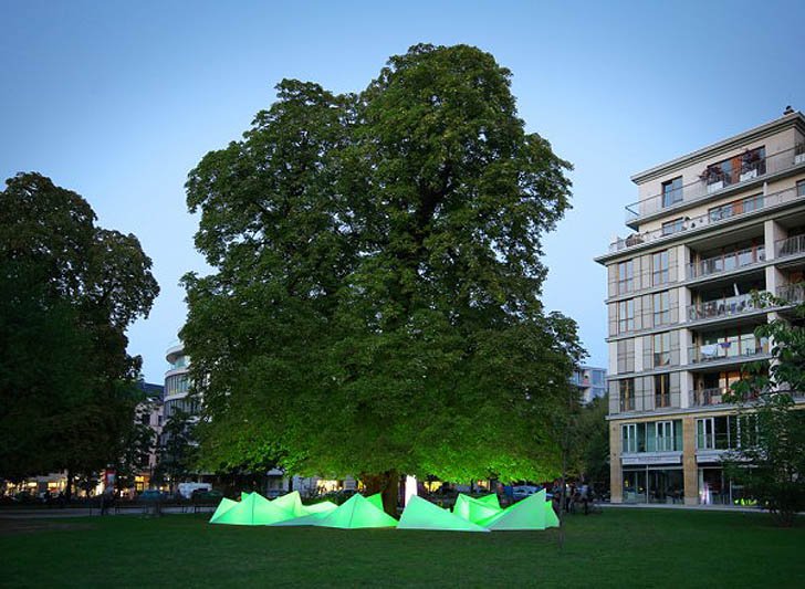Large tree on a city park lawn illuminated with green lights at night, with modern apartment buildings in the background.