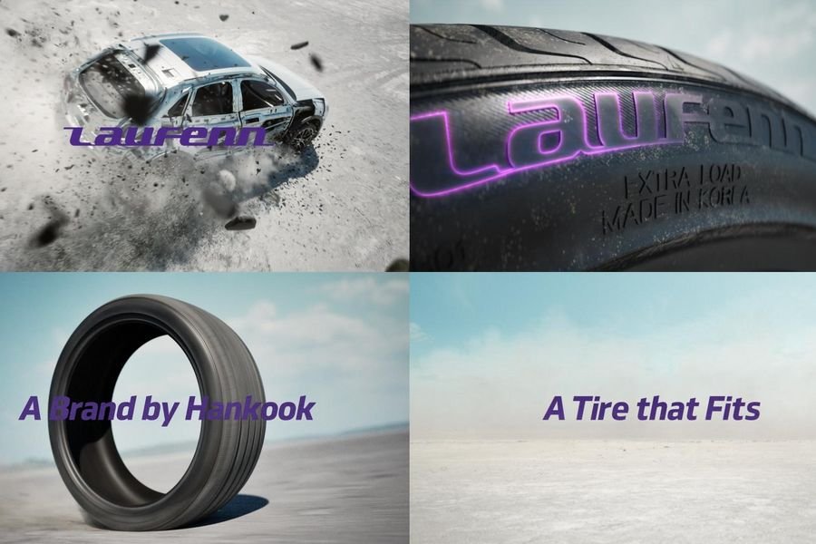 Collage of four images: a car skidding on a snowy road with the purple text a close-up of a tire with the purple neon-style text a tire standing on a flat surface with the purple text 'A Brand by Hankook,' and a empty road with the purple text 'A Tire that Fits.'