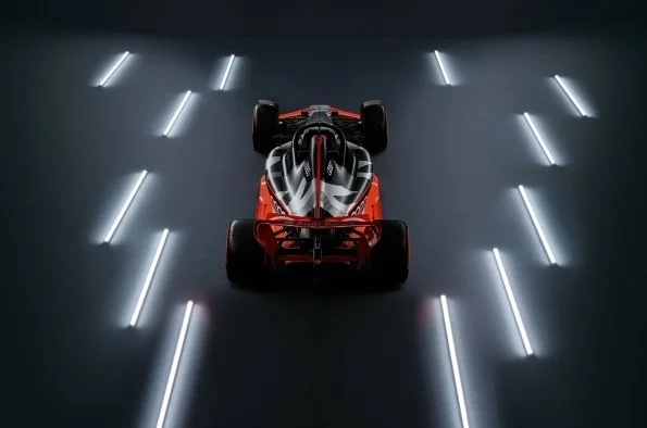 Automotive 3D-Visualisierung: Dynamisches CGI-Rendering eines Formel 1 Rennwagens aus der Vogelperspektive mit Lichtstreifen durch Blackship Studios.