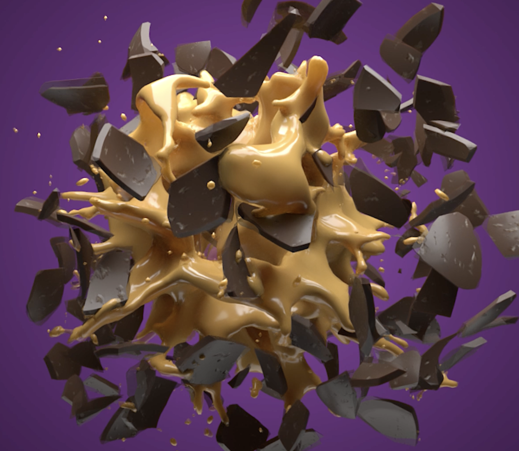 Explosion of chocolate and caramel with broken chocolate pieces against a purple background.