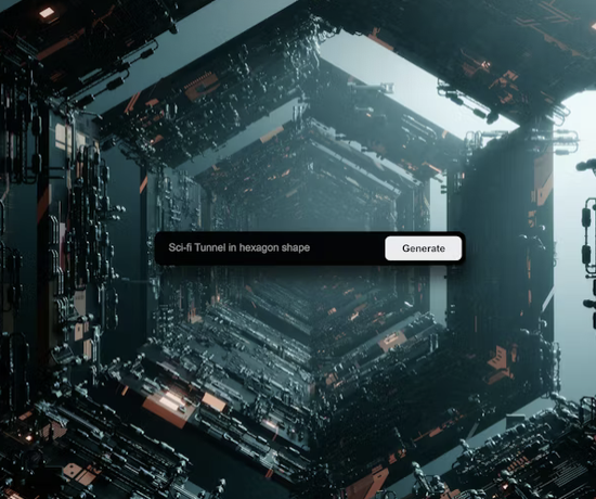 A digital sci-fi tunnel in the shape of a hexagon, with futuristic architecture and lighting.