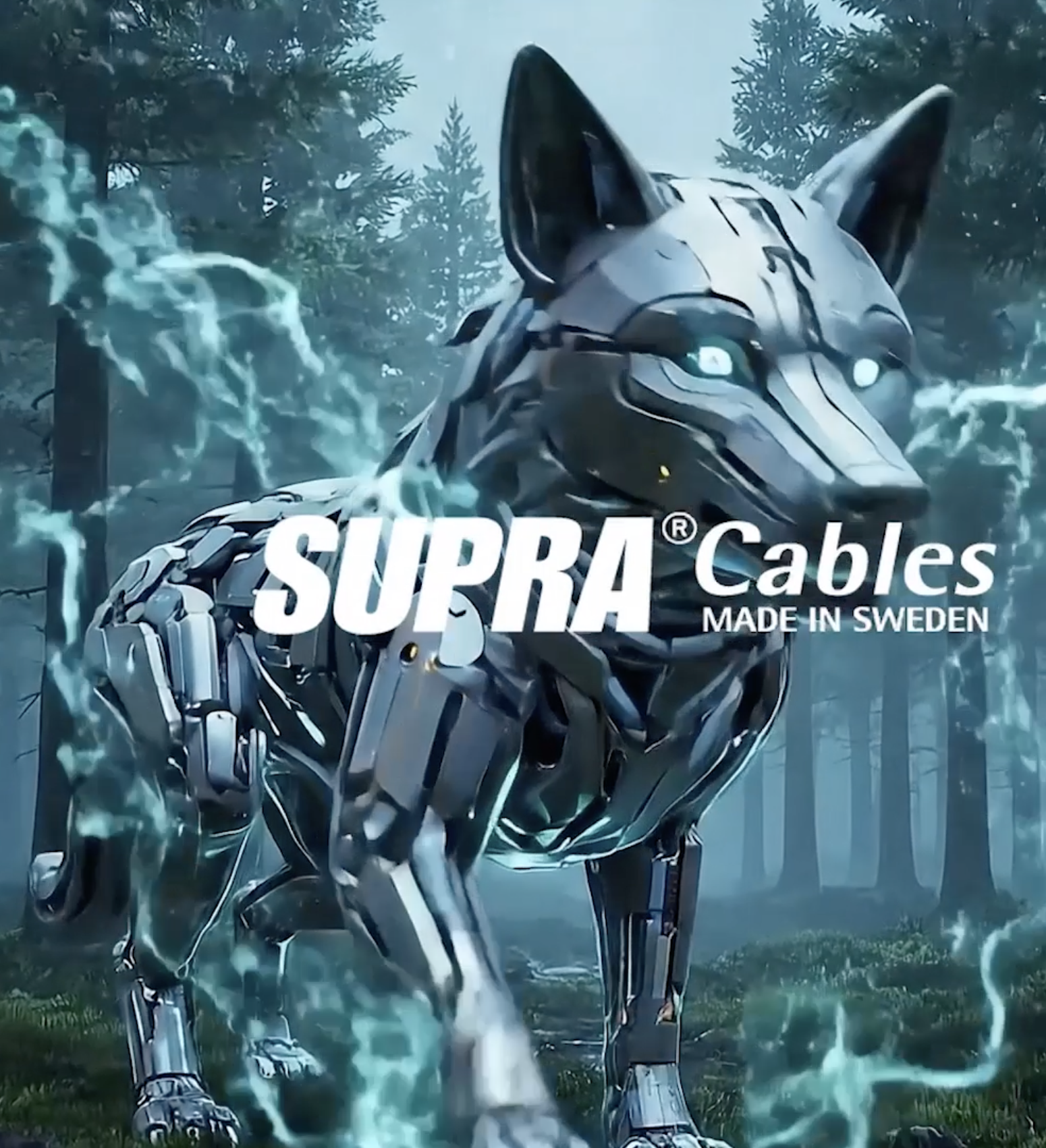 A robotic wolf made of metallic parts stands in a forest, surrounded by blue lightning. Text overlay reads 'SUPRA Cables Made in Sweden'.