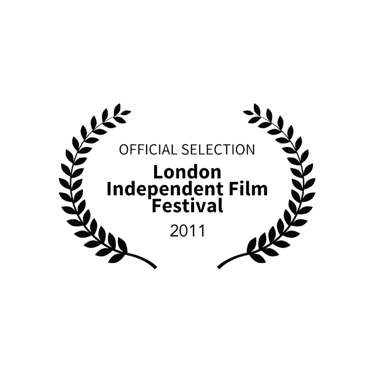 A black and white film festival award logo with the text 'Official Selection London Independent Film Festival 20' enclosed by a laurel wreath.